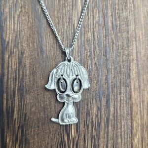 Vintage 70s Silvertone Articulated Puppy Dog Pendant Necklace 18"